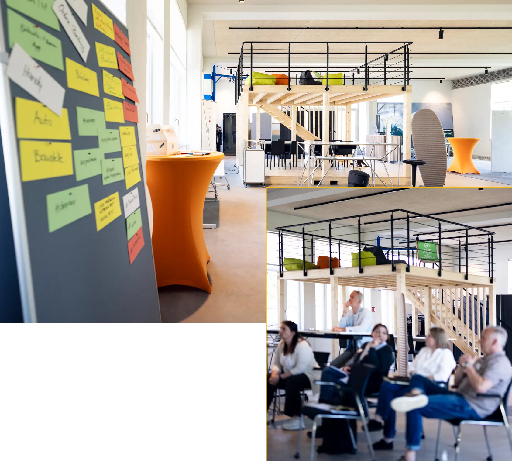 Blick in den Open Space KoWerk 76 mit mehreren Menschen, die einem Vortrag beiwohnen.
